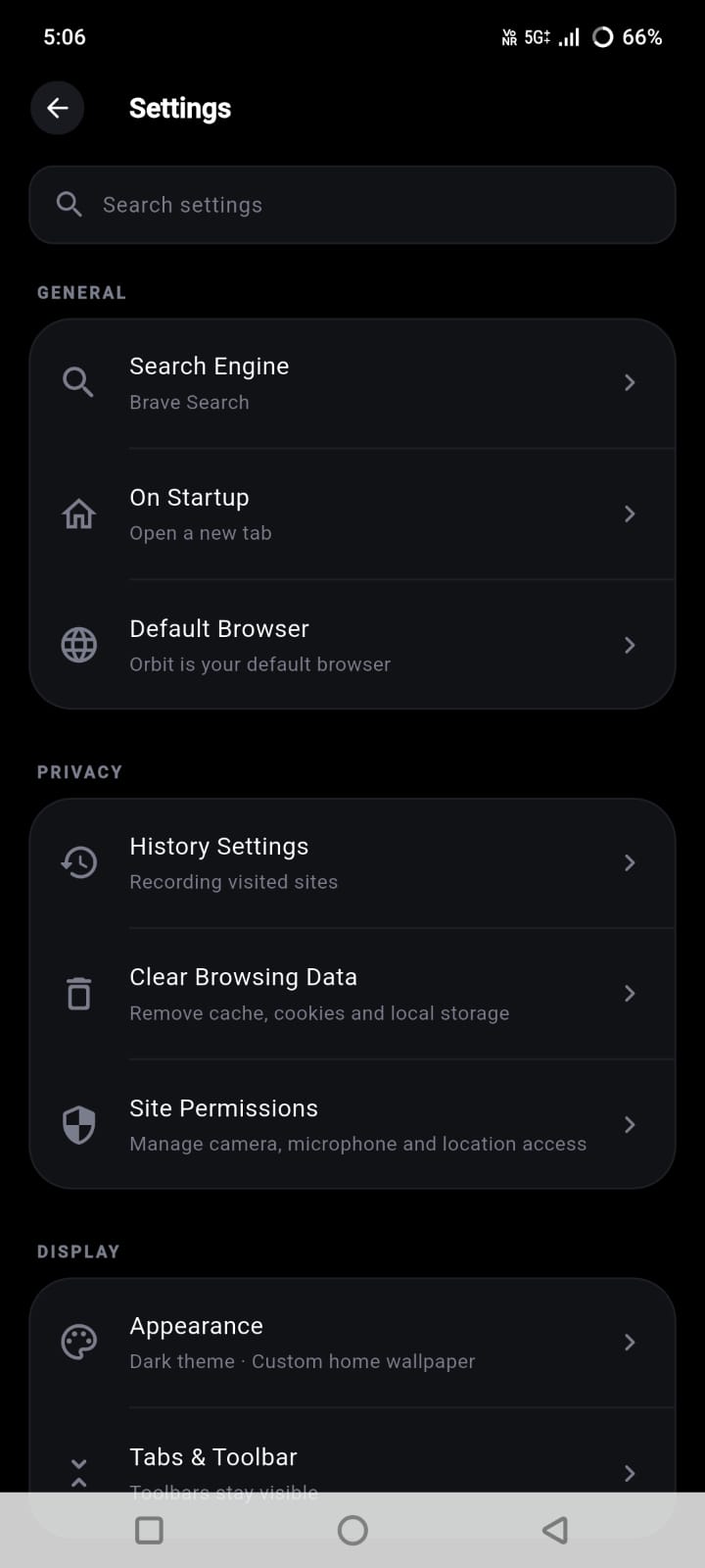 Orbit Android browsing settings