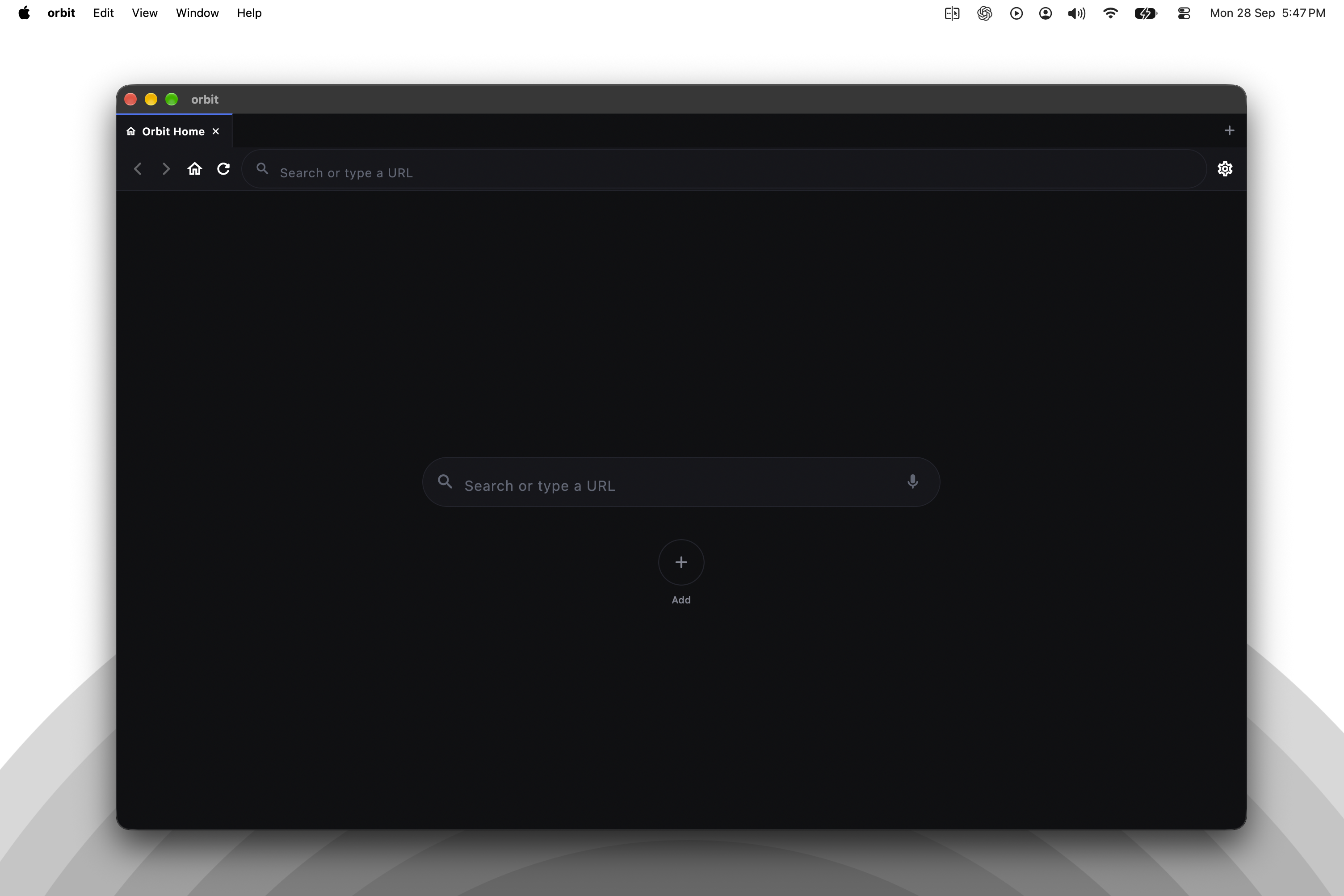 Orbit macOS desktop browser interface with visual tab switcher and omnibar